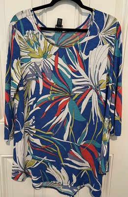Clara Sun Woo Tunic Top Size XL Floral Tropical Asymmetric Hem Stretch Blue 