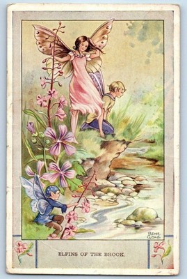 c1910's Elfins Of The Brook Fairy Fantasy Rene Cloke Signed Artist Postcard
