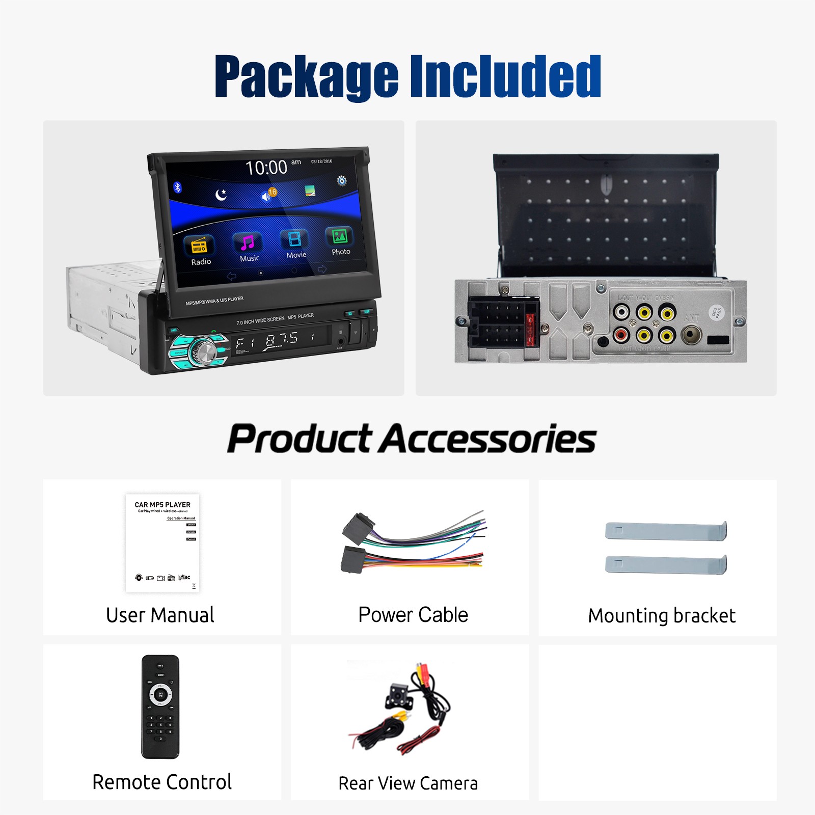 7" Single 1DIN Flip out Touch Screen Car Stereo Radio Bluetooth MP5 Player+CAM