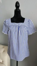 Talbots Square Neck 100% Cotton Blouse M Blue Striped Nautical