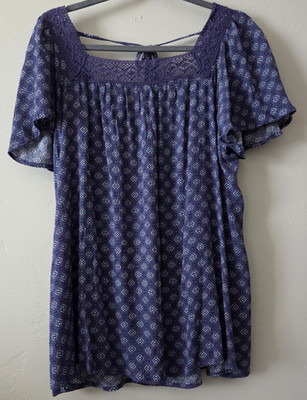 Torrid Womens Top Sz 0 Navy/Turquoise Tassels BOHO Babydoll Flutter Sleeve