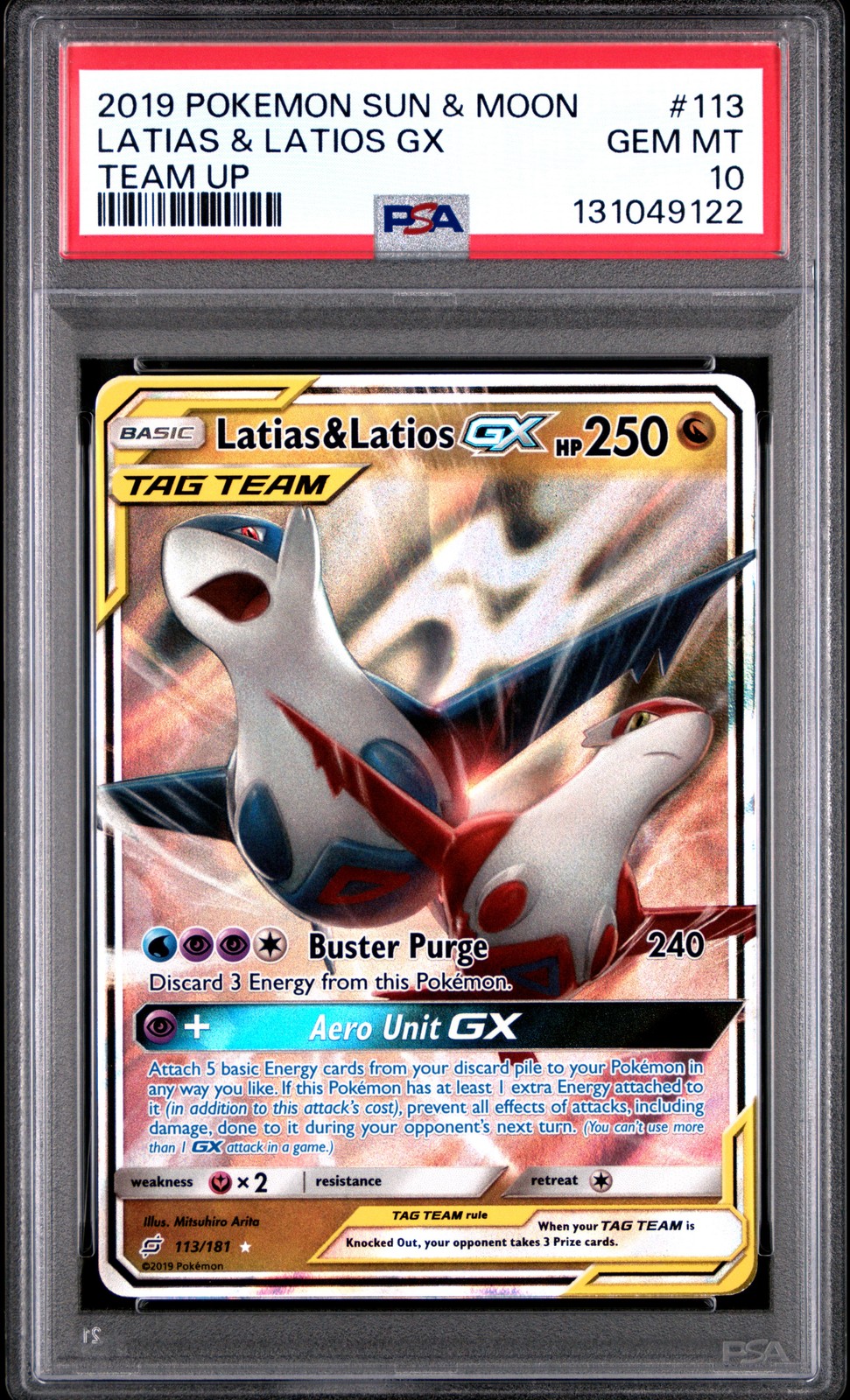 2019 POKEMON SUN & MOON TEAM UP #113 LATIAS & LATIOS GX PSA 10