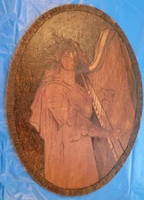 Vintage XMas 1904 Folk Art Wood Engraving - Lady Playing A Harp - Wall Hanging