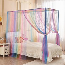 Rainbow Bed Canopy for Girls Kids, 4 Corner Post Princess Twin Canopy Bed Cur...