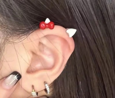 Sanrio Hello Kitty Mismatched Cartilage Earrings Kitty Ears Kawaii y2k Red Bow