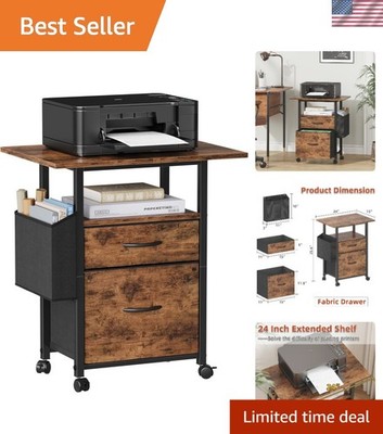 2 Drawer File Cabinet with 24'' Extended Desktop, Mobile Filing Cabinet, Roll...