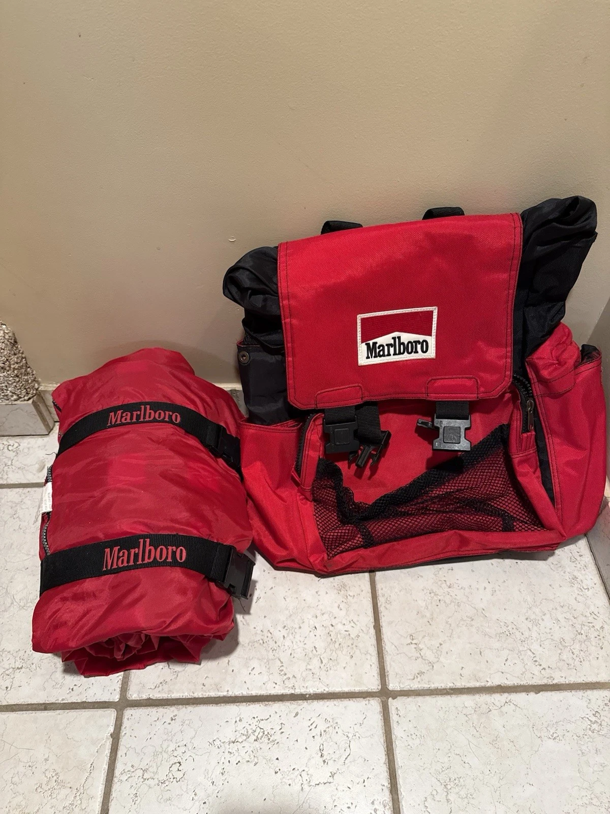 Vintage 90’s Marlboro Sleeping Bag Red Buffalo Plaid Flannel Unlimited +Backpack