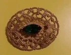 VTG Miriam Haskell Gold Tone Oval Filigree Brooch Pin w Green Rhinestone Signed