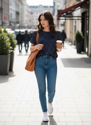 Ladies polka dot blouse, size 34, navy and white, new with tags