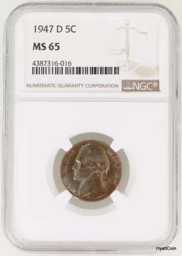 1947-D Jefferson Nickel 5C NGC MS65 Beautifully Toned Color
