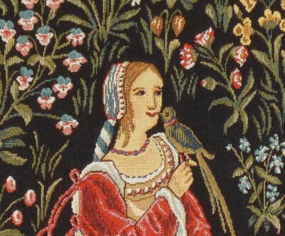 weaving✴︎tapestry WALL JACQ. WOVEN MEDIEVAL TAPESTRY Lady w/Bird ANTIQUE MILLEFLEUR
