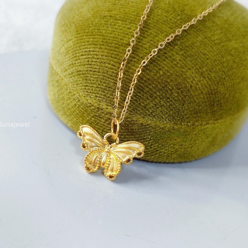 Pure 999 24K Yellow Gold Butterfly Pendant With 18K O Chain Link