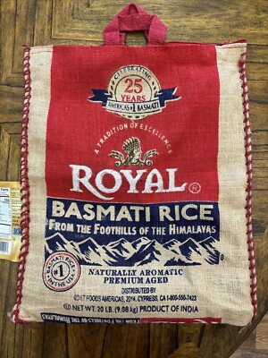 Royal Basmati Rice Bag 20lbs Burlap Handles Zipper Heavy Duty 25th Anniv No Rice