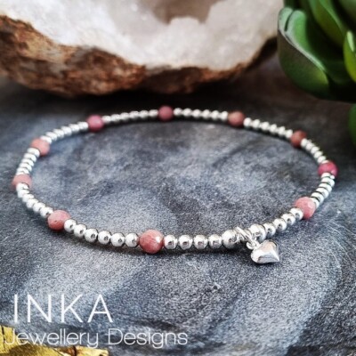 Inka 925 Sterling Silber Handarbeit Perlen Fußkettchen mit Rhodonit und Herz Anhänger