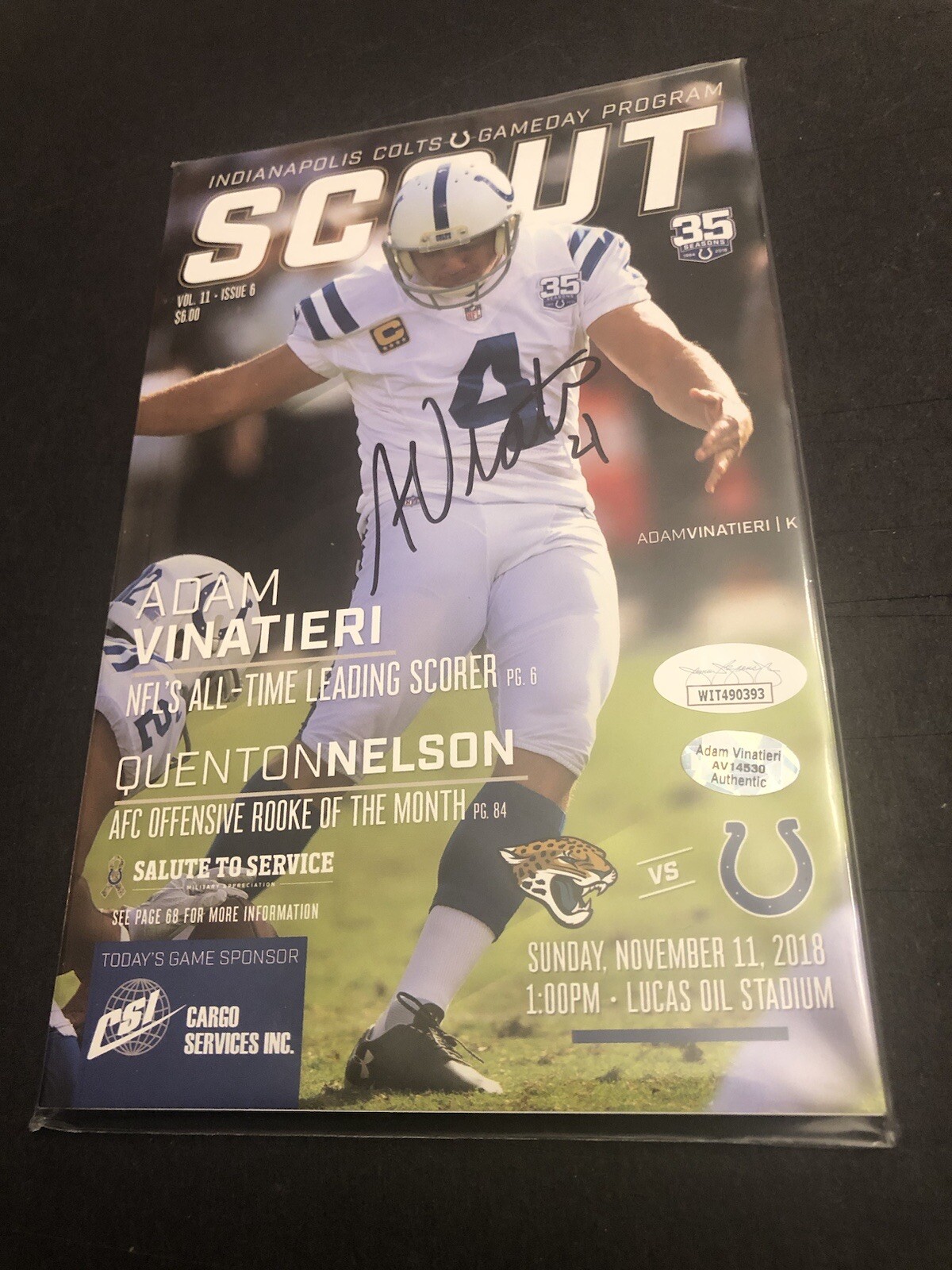 Adam Vinatieri Autographed Signed Indianapolis Colts JSA COLTS SCOUT PROGRAM ALL TIME LEADING SCORER COVER 393 