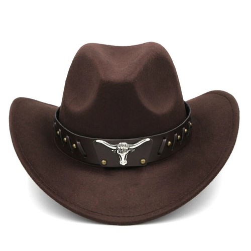 Western Cowboy Cowgirl Hat for Men Women – Black Bull Strap Retro Felt Wide Brim - Picture 10 of 33