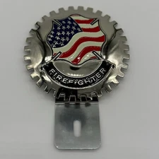 American Fire Fighter Car/Truck License Plate Topper- Chromed Brass & Enamel