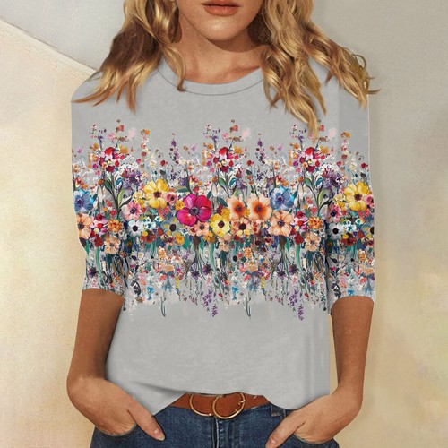 Women's Round Neck Summer Casual Ladies Print 3/4 Sleeve Tops Blouse T Shirt 8 - Picture 19 of 42