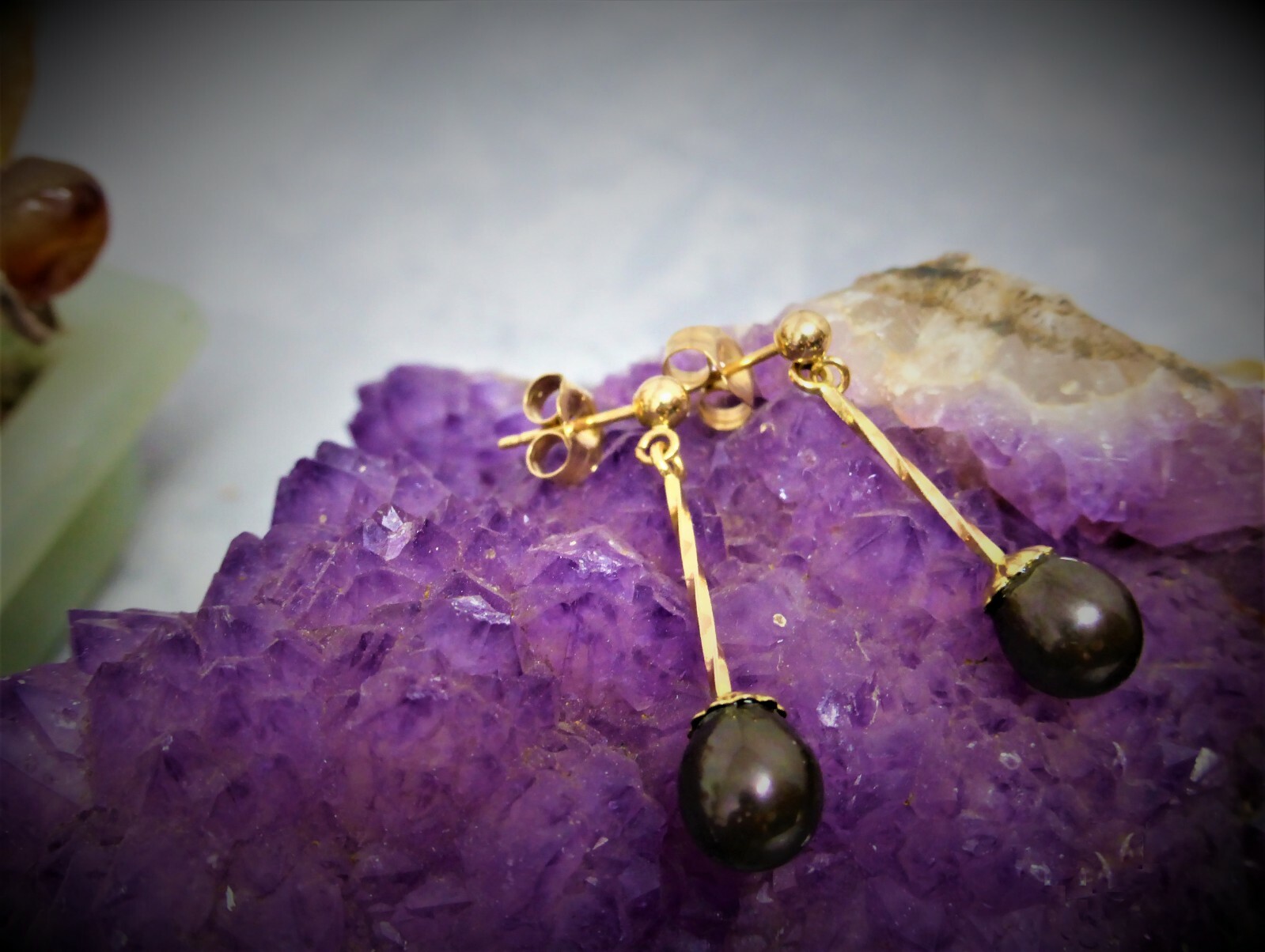14CT Y/GOLD TWISTED BAR DROP BLACK PEARLBALL & STUD EARRINGS 1.6g eBay