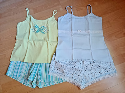 2x Damen Shortys, kurze Pyjamas Shorts Tops Gr. 40/42  grün + blau neuwertig!
