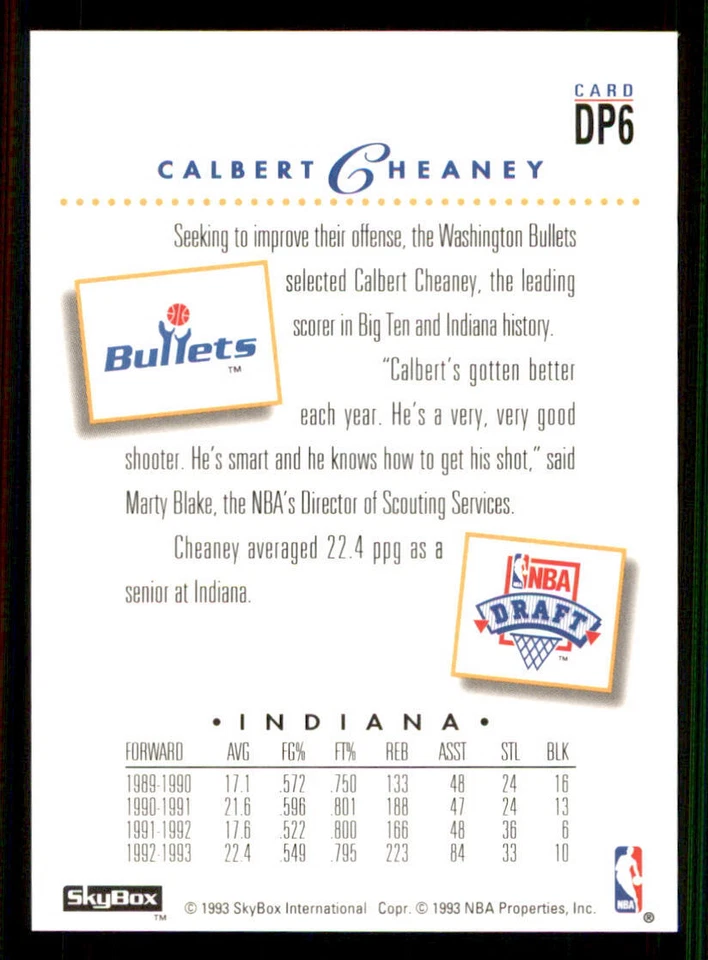 1993-94 SkyBox Premium Draft Picks #DP6 Calbert Cheaney - Image 2 of 2