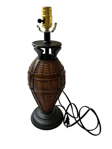 Vintage Mid Century Boho Rustic Modern Brown Wicker Iron Lamp Large Rattan