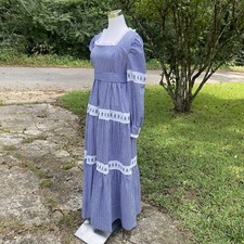 Vintage 70s Prairie Dress Blue Gingham Check Eyelet Lace Handmade