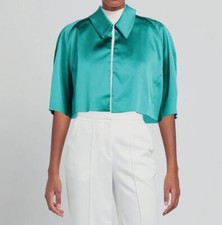  995 Talbot Runhof Women's Green Satin Duchese Cropped Jacket Size DE 32/US 2