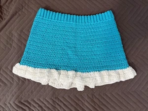 Crochet Skirt Girls Teens Handmade Turquoise Blue White Ruffled Bottom Boho Cute
