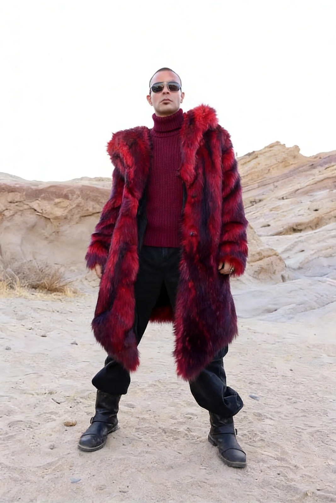 Autumn/Winter Long Warm Fluffy Faux Fur Coat Red Men's Long Sleeve High Quality