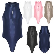 Men Unitard Zipper Bodysuit Sleeveless Jumpsuit Opaque Leotard Glossy Romper