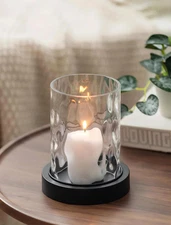 Candle Holders with Glass Hurricane: Black Pillar Candleholders with Hammered Gl