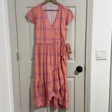 Old Navy Dress Pink Orange Plaid Wrap Midi Dress Ruffle V-Neck Smal Cottagcorel