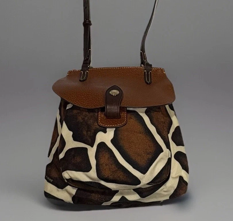 Auténtico Bolso Bandolera Dooney & Bourke Cuero/Lona Estampado Jirafa De Colección Raro