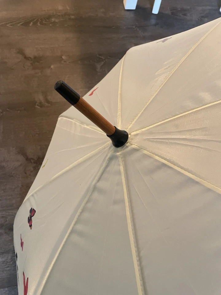 WWF Vintage Umbrella Cream Butterfly Print with Wood Handle - Image 3 of 4
