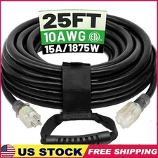 25ft 10 Gauge Outdoor Extension Cord Heavy Duty Waterproof Lighted End 15Amp New