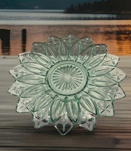 Vintage Federal Glass Co Light Teal Starburst Glass Petal Sandwich Plate Platter