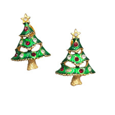 Christmas Tree Pierced Earrings Gold tone Enamel Rhinestone 1 1/8"