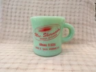 Rare Old Fire-King Jadite MRS. SHERMAN'S DONUT KITCHEN Advertising Coffee Mug