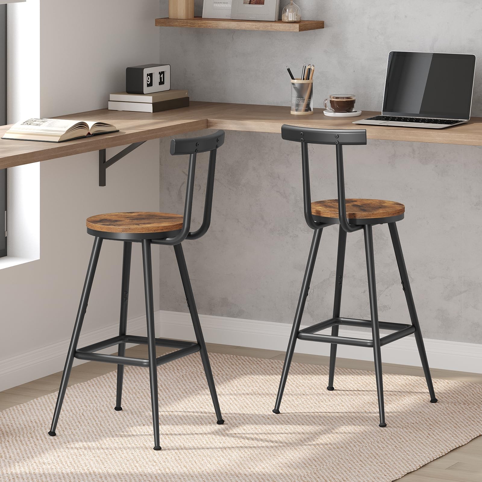 Bar Stools, Set of 2 Bar Chairs with Backrest and Footrest, 26" Tall Counter ...