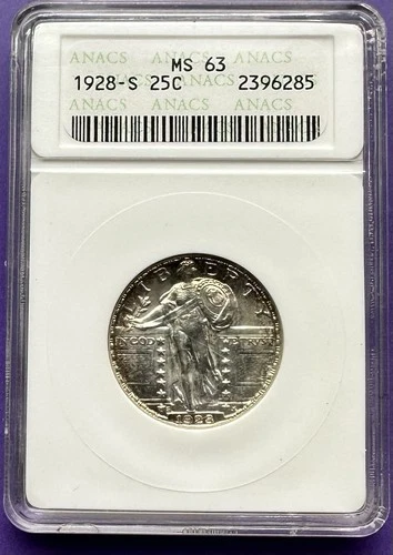 1928 S Standing Liberty Quarter, ANACS Certified MS63, Nice Toning