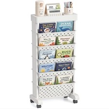 BYFU 6-Tier Movable Bookshelf Cart, Rolling File Paper Storage 6-Tier, White