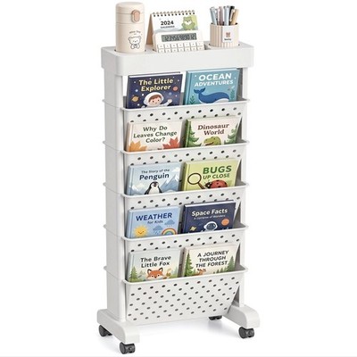 BYFU 6-Tier Movable Bookshelf Cart, Rolling File Paper Storage 6-Tier, White 