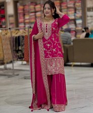 Engagement Wear Pink Faux Georgette Kurta Palazzo With Dupatta For Women