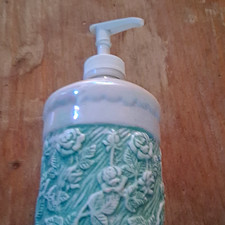 Green  White Floral Ceramic Soap Dispenser w/ Pump, Freestanding Bathroom