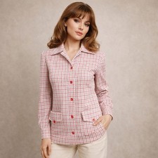 Vintage 70s Double Knit Polyester Grid Check Jacket Mod Button Front Womens S