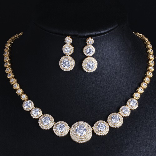 2pcs Crystal Zircon Wedding Party Necklace Earrings for Women Bridal Jewelry Set - Picture 425 of 476