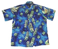 Vintage 60s 70s Blue Barkcloth Tiki  Sail Boats Men  s Hawaiian Shirt M