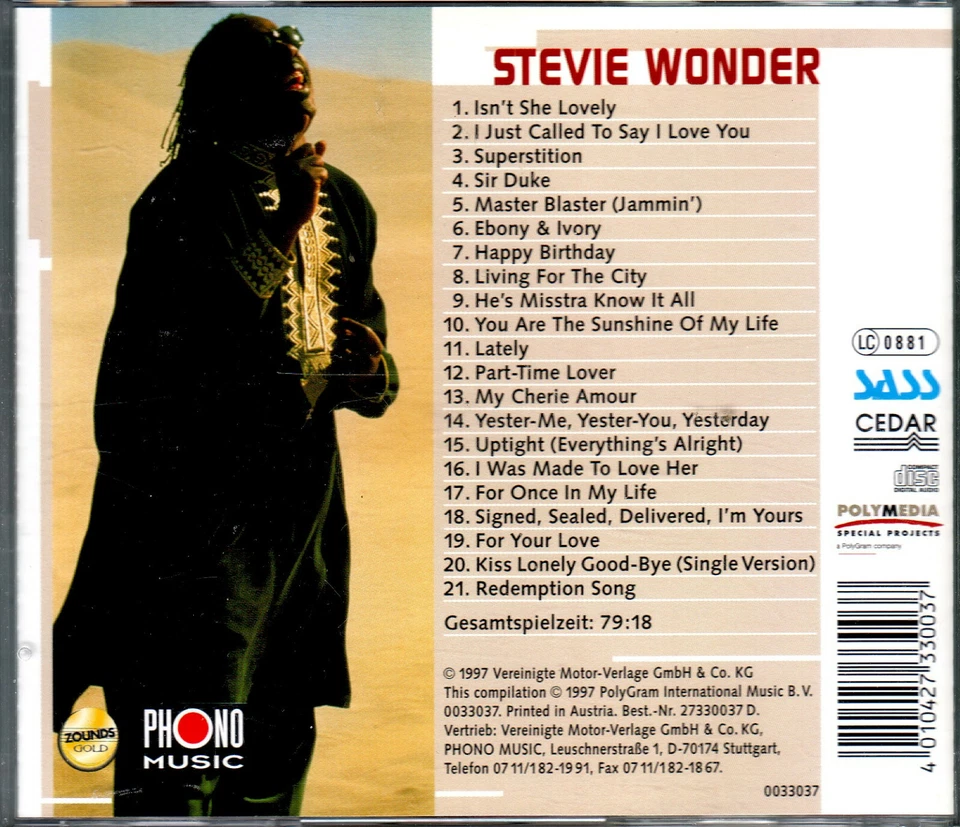 ZOUNDS - STEVIE WONDER - Song Review - Best - rare audiophile Gold CD 1997 - Bild 2 von 2