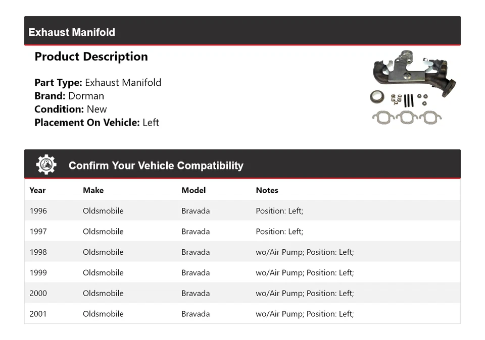Colector de escape izquierdo Oldsmobile Bravada Dorman 1996-2001 1997 1998 1999 Foto 2 de 4